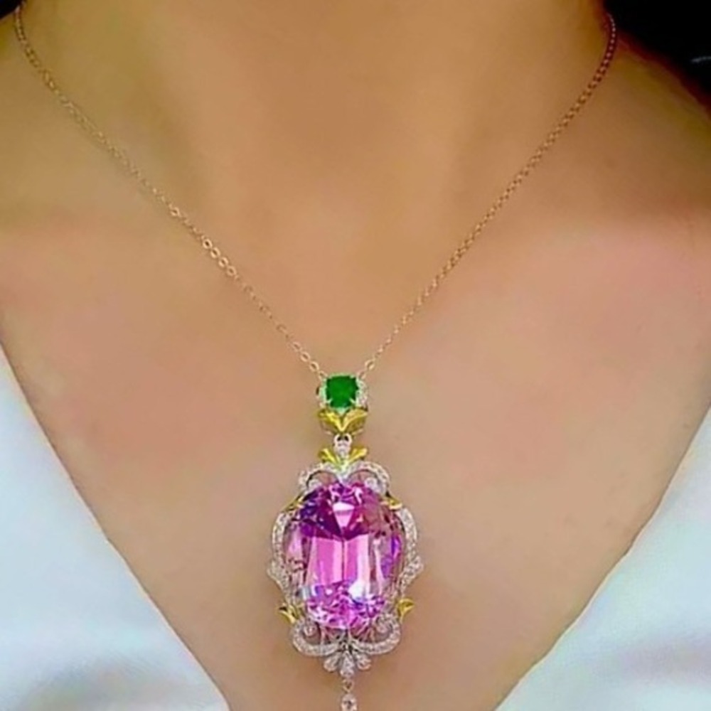 Gold Plated Pink Morganite Zircon Pendant Necklace | Vintage Statement Jewelry